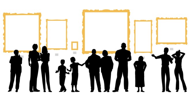 Editable vector silhouettes of diverse people at an art gallery or museum