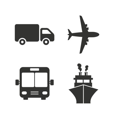 Transport icons. Truck, Airplane, Bus and Ship.